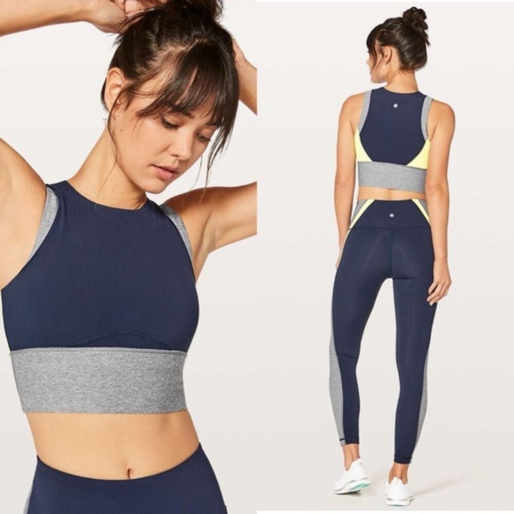 Lululemon Kick Serve Sweat Bra 6 Navy Heathered Slate Lemon Sleeveless Top